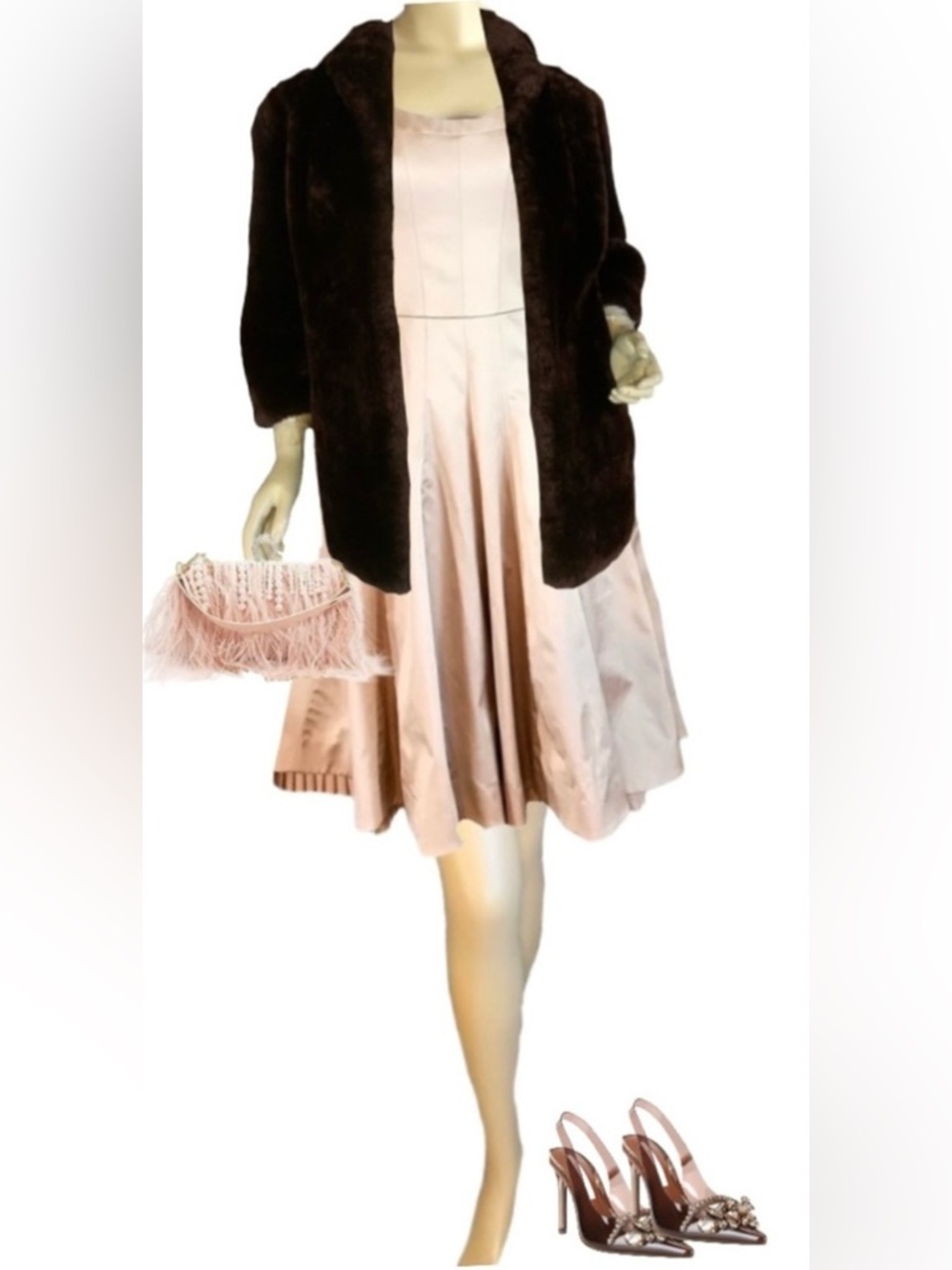 VINTAGE 1960'S BROWN MOUTON FUR OPEN FRONT COAT (L)
